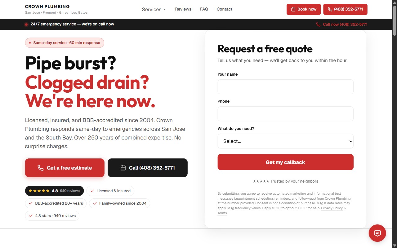 Crown Plumbing — live SeldonFrame workspace